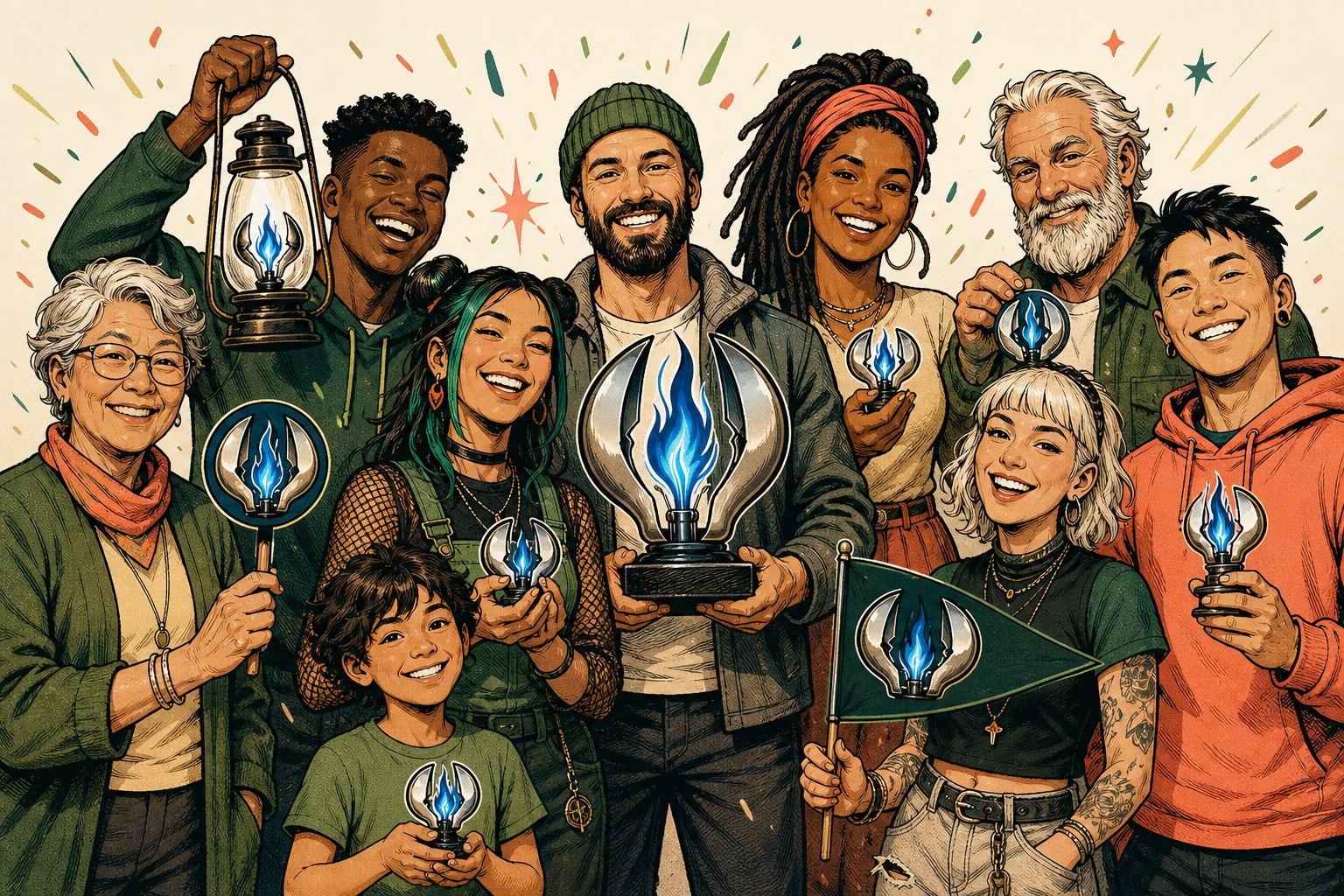 Nine community members each holding a version of the broken-lightbulb and blue-flame emblem