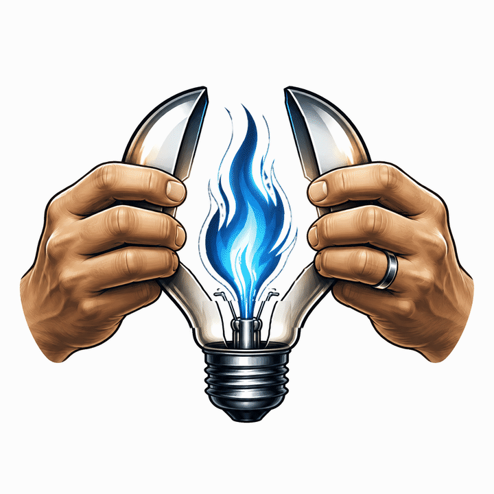 Animated hands opening a broken lightbulb around a blue flame